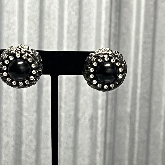 Black Rhinestone Stud Earrings Vintage Cluster Dome Round Sparkle Glam - Picture 7 of 9
